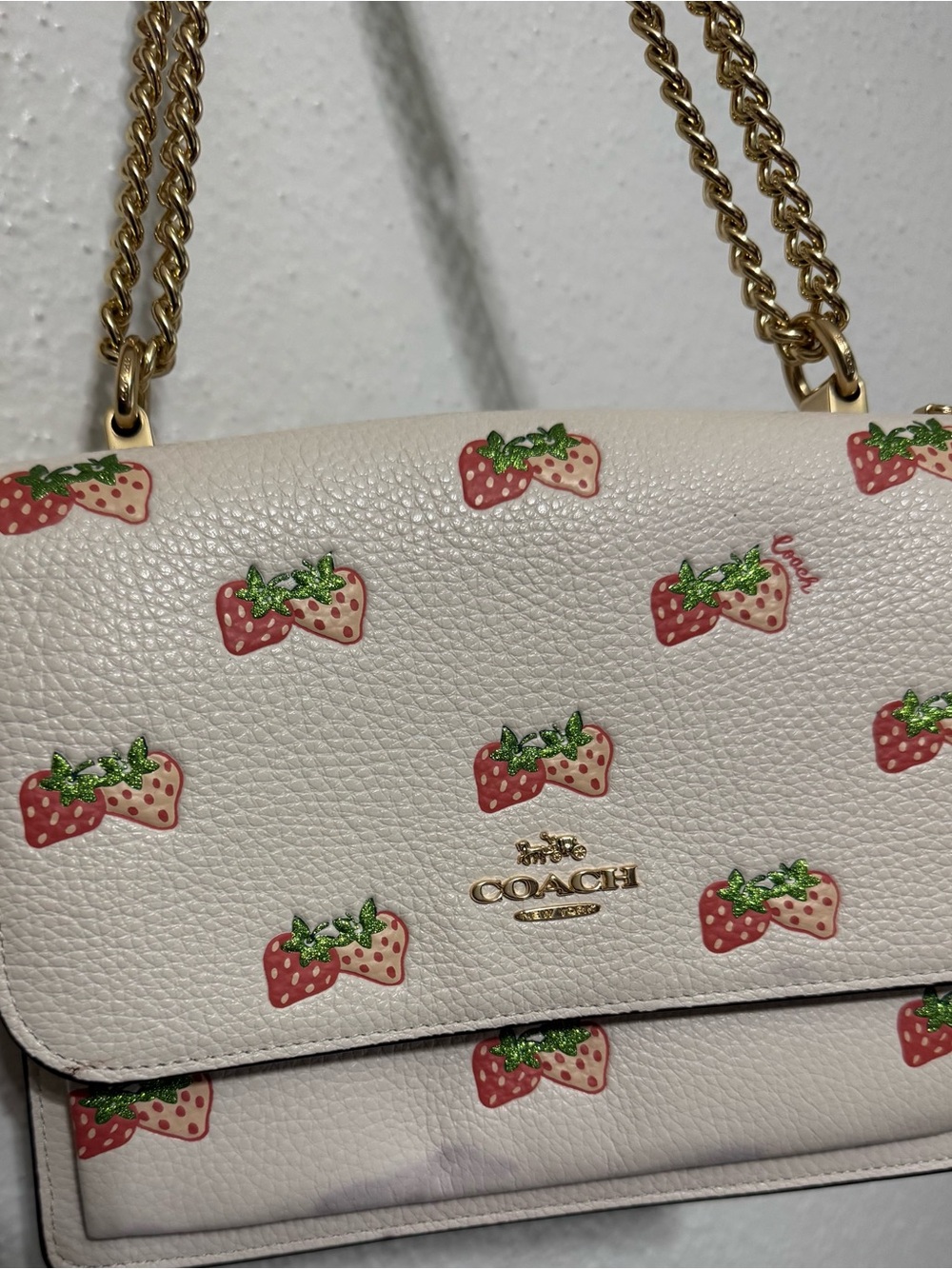 Coach Klare White Leather Crossbody Bag with Strawberry Print and Gold Chain